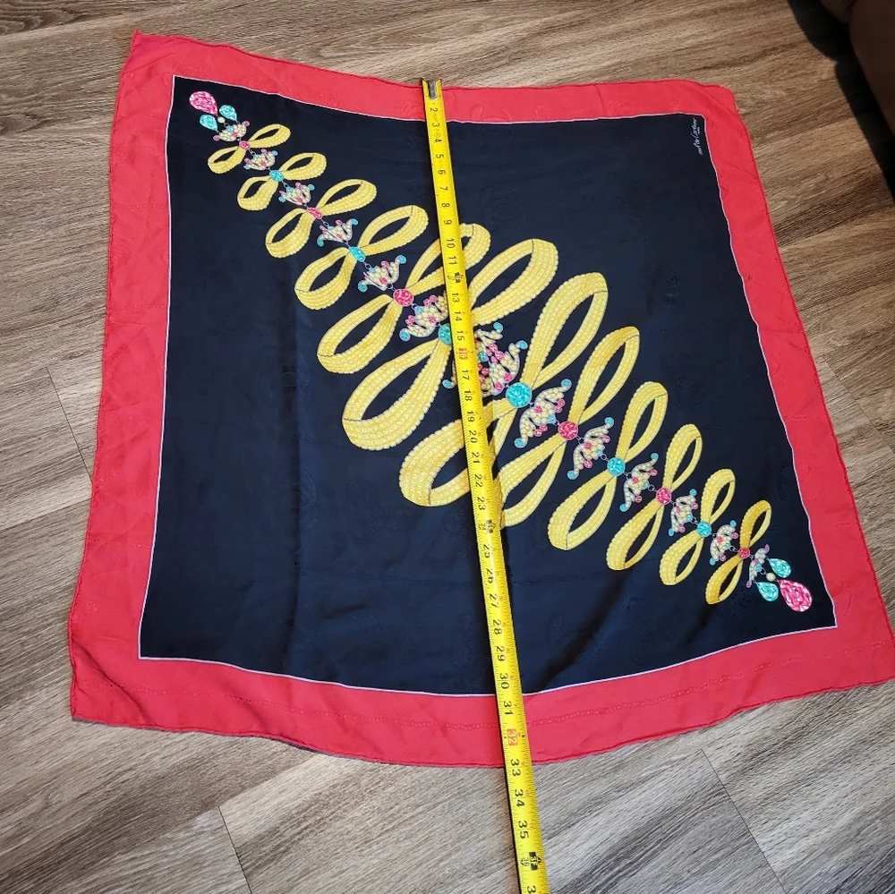 Cartier Black Scarf with Red Border and Yellow Floral Pattern